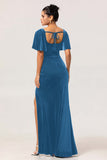 Peacock Green Sheath Square Neck Backless Velvet Long Bridesmaid Dress with Slit