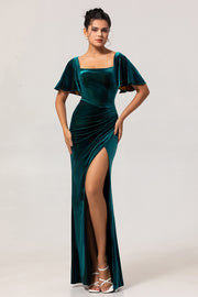 Peacock Green Sheath Square Neck Backless Velvet Long Bridesmaid Dress with Slit