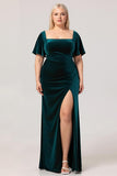 Peacock Green Sheath Square Neck Velvet Long Plus Size Bridesmaid Dress with Slit