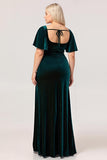 Peacock Green Sheath Square Neck Velvet Long Plus Size Bridesmaid Dress with Slit