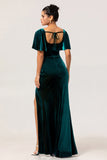 Peacock Green Sheath Square Neck Backless Velvet Long Bridesmaid Dress with Slit