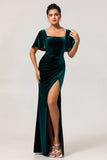 Peacock Green Sheath Square Neck Backless Velvet Long Bridesmaid Dress with Slit