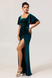 Peacock Green Sheath Square Neck Backless Velvet Long Bridesmaid Dress with Slit