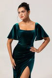 Peacock Green Sheath Square Neck Backless Velvet Long Bridesmaid Dress with Slit