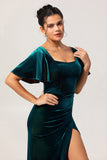 Peacock Green Sheath Square Neck Backless Velvet Long Bridesmaid Dress with Slit
