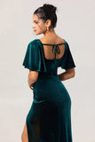 Peacock Green Sheath Square Neck Backless Velvet Long Bridesmaid Dress with Slit