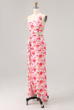 Red Sheath One Shoulder Cut Out Print Floral Wedding Guest Dress