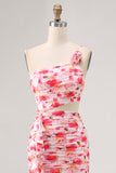 Red Sheath One Shoulder Cut Out Print Floral Wedding Guest Dress