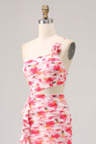 Red Sheath One Shoulder Cut Out Print Floral Wedding Guest Dress