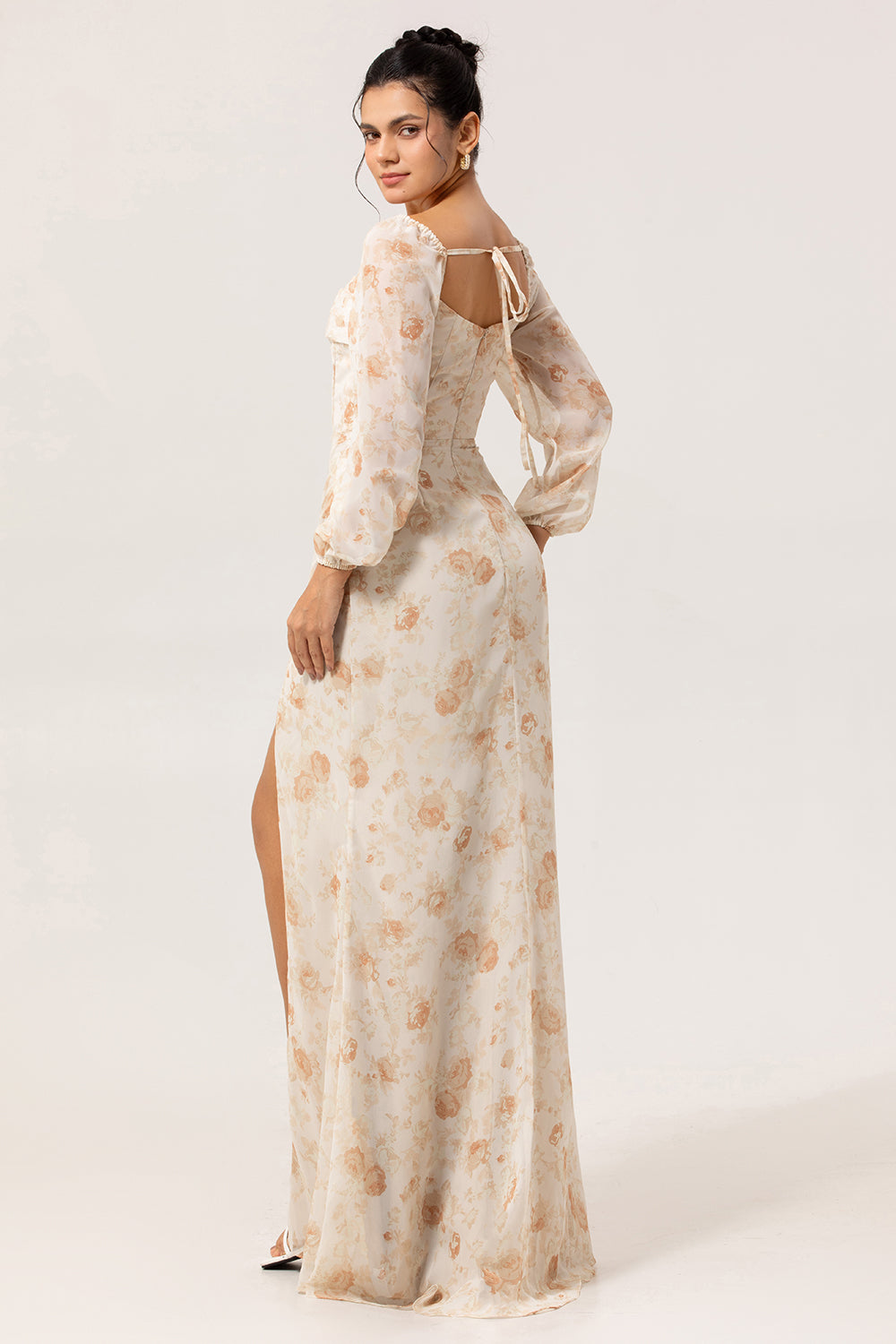 WEDTREND Women Yellow Flower Bridesmaid Dress Sheath Square Neck Chiffon Long Sleeves Maxi Dress with High Slit WEDTREND Women Yellow Flower Bridesmaid Dress Sheath Square Neck Chiffon Long Sleeves Maxi Dress with High Slit