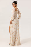 Ivory Peach Floral Sheath Square Neck Chiffon Long Sleeves Maxi Dress with High Slit