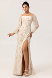 Ivory Peach Floral Sheath Square Neck Chiffon Long Sleeves Maxi Dress with High Slit