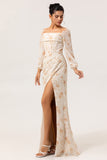 Ivory Peach Floral Sheath Square Neck Chiffon Long Sleeves Maxi Dress with High Slit