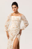 Ivory Peach Floral Sheath Square Neck Chiffon Long Sleeves Maxi Dress with High Slit