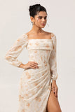 Ivory Peach Floral Sheath Square Neck Chiffon Long Sleeves Maxi Dress with High Slit
