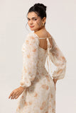 Ivory Peach Floral Sheath Square Neck Chiffon Long Sleeves Maxi Dress with High Slit