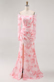 Pink Floral Off-Shoulder Chiffon Fitted Bodice Maxi Dress with Slight Flare