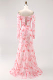 Pink Floral Off-Shoulder Chiffon Fitted Bodice Maxi Dress with Slight Flare