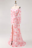 Pink Floral Off-Shoulder Chiffon Fitted Bodice Maxi Dress with Slight Flare