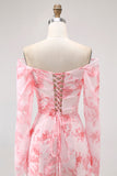 Pink Floral Off-Shoulder Chiffon Fitted Bodice Maxi Dress with Slight Flare