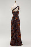Black Sheath Velvet Burnout Floral One-Shoulder Maxi Dress with Slit