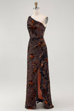 Black Sheath Velvet Burnout Floral One-Shoulder Maxi Dress with Slit