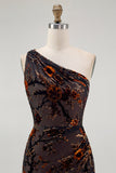 Black Sheath Velvet Burnout Floral One-Shoulder Maxi Dress with Slit
