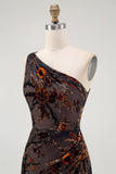 Black Sheath Velvet Burnout Floral One-Shoulder Maxi Dress with Slit