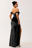 Peacock Green Sheath Off The Shoulder Streamer Velvet Long Bridesmaid Dress with Slit