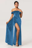 Peacock Green Sheath Off The Shoulder Streamer Velvet Long Bridesmaid Dress with Slit