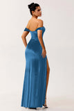 Peacock Green Sheath Off The Shoulder Streamer Velvet Long Bridesmaid Dress with Slit