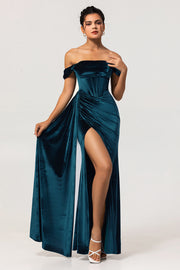Peacock Green Sheath Off The Shoulder Streamer Velvet Long Bridesmaid Dress with Slit
