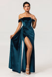 Peacock Green Sheath Off The Shoulder Streamer Velvet Long Bridesmaid Dress with Slit