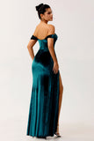 Peacock Green Sheath Off The Shoulder Streamer Velvet Long Bridesmaid Dress with Slit