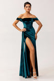 Peacock Green Sheath Off The Shoulder Streamer Velvet Long Bridesmaid Dress with Slit