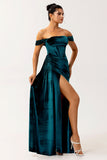 Peacock Green Sheath Off The Shoulder Streamer Velvet Long Bridesmaid Dress with Slit
