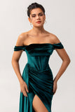 Peacock Green Sheath Off The Shoulder Streamer Velvet Long Bridesmaid Dress with Slit