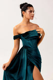 Peacock Green Sheath Off The Shoulder Streamer Velvet Long Bridesmaid Dress with Slit