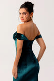 Peacock Green Sheath Off The Shoulder Streamer Velvet Long Bridesmaid Dress with Slit