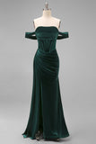 Peacock Green Sheath Off The Shoulder Streamer Velvet Long Bridesmaid Dress with Slit