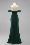 Peacock Green Sheath Off The Shoulder Streamer Velvet Long Bridesmaid Dress with Slit