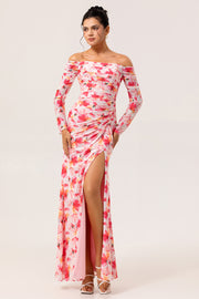 Pink Flower Off The Shoulder Fitted Floral Ruched Long Sleeves Maxi Dress with Slit