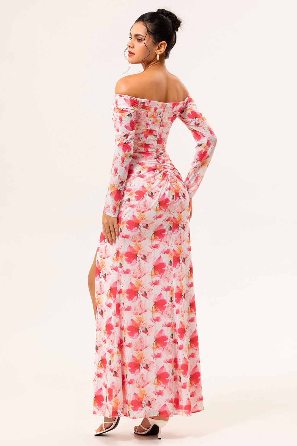 WEDTREND Women Pink Flower Wedding Guest Dress Off The Shoulder Fitted Floral Bridesmaid Dress Ruched Long Sleeves Maxi Dress with Slit WEDTREND Women Pink Flower Wedding Guest Dress Off The Shoulder Fitted Floral Bridesmaid Dress Ruched Long Sleeves Maxi Dress with Slit