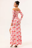 Pink Flower Off The Shoulder Fitted Floral Ruched Long Sleeves Maxi Dress with Slit