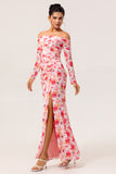 Pink Flower Off The Shoulder Fitted Floral Ruched Long Sleeves Maxi Dress with Slit