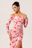 Pink Flower Off The Shoulder Fitted Floral Ruched Long Sleeves Maxi Dress with Slit