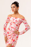 Pink Flower Off The Shoulder Fitted Floral Ruched Long Sleeves Maxi Dress with Slit