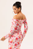 Pink Flower Off The Shoulder Fitted Floral Ruched Long Sleeves Maxi Dress with Slit