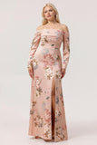 Blush Off The Shoulder Long Sleeves Print Satin Floral Plus Size Bridesmaid Dress with Slit