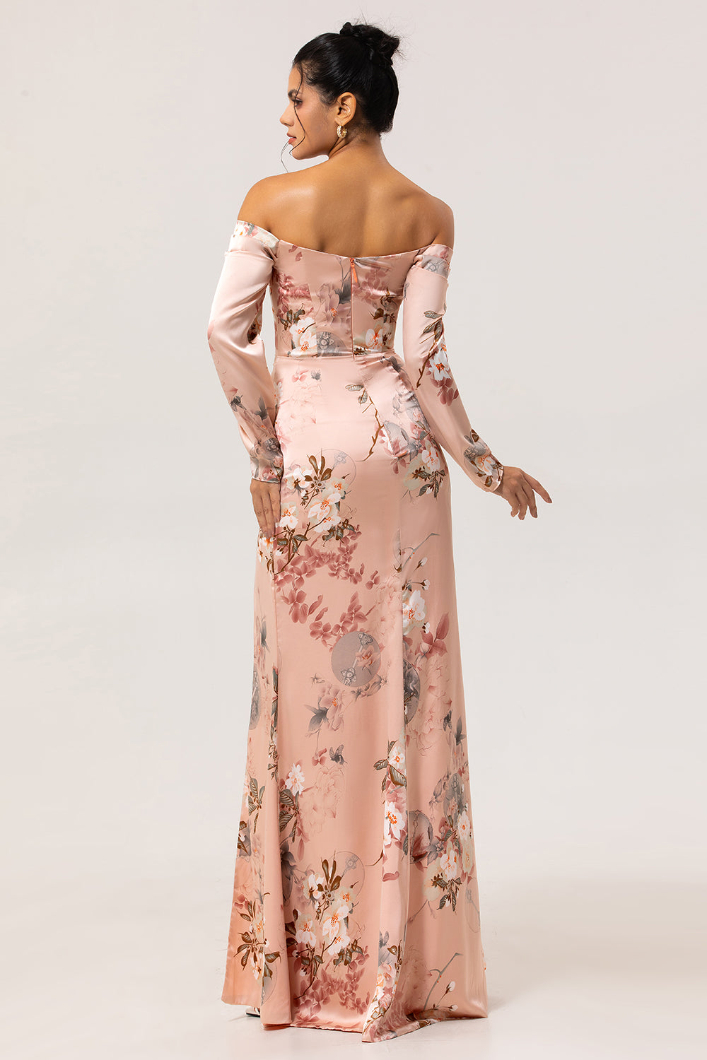 WEDTREND Women Blush Bridesmaid Dress with Long Sleeves Off The Shoulder Print Satin Floral Wedding Guest Dress with Slit WEDTREND Women Blush Bridesmaid Dress with Long Sleeves Off The Shoulder Print Satin Floral Wedding Guest Dress with Slit